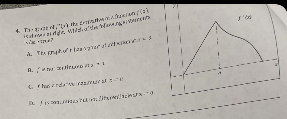 4. The graph of f'(x), the derivative of a function f(x),
is shown at right. Which of the following statements
is/are true?
A. The graph off has a point of inflection at x = a
B. f is not continuous at x = a
C. f has a relative maximum at x = a
D. f is continuous but not differentiable at x = a
f'(x)