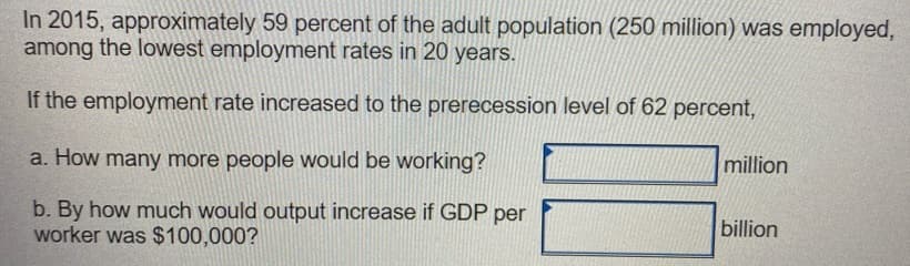 In 2015, approximately 59 percent of the adult population (250 million) was employed,
among the lowest employment rates in 20 years.
If the employment rate increased to the prerecession level of 62 percent,
a. How many more people would be working?
million
b. By how much would output increase if GDP per
worker was $100,000?
billion
