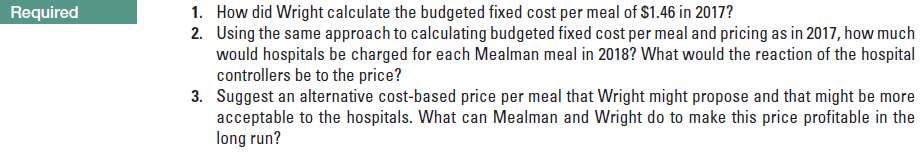 Required
1. How did Wright calculate the budgeted fixed cost per meal of $1.46 in 2017?
2. Using the same approach to calculating budgeted fixed cost per meal and pricing as in 2017, how much
would hospitals be charged for each Mealman meal in 2018? What would the reaction of the hospital
controllers be to the price?
3. Suggest an alternative cost-based price per meal that Wright might propose and that might be more
acceptable to the hospitals. What can Mealman and Wright do to make this price profitable in the
long run?
