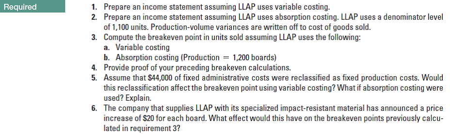 Required
1. Prepare an income statement assuming LLAP uses variable costing.
2. Prepare an income statement assuming LLAP uses absorption costing. LLAP uses a denominator level
of 1,100 units. Production-volume variances are written off to cost of goods sold.
3. Compute the breakeven point in units sold assuming LLAP uses the following:
a. Variable costing
b. Absorption costing (Production = 1,200 boards)
4. Provide proof of your preceding breakeven calculations.
5. Assume that $44,000 of fixed administrative costs were reclassified as fixed production costs. Would
this reclassification affect the breakeven point using variable costing? What if absorption costing were
used? Explain.
6. The company that supplies LLAP with its specialized impact-resistant material has announced a price
increase of $20 for each board. What effect would this have on the breakeven points previously calcu-
lated in requirement 3?
