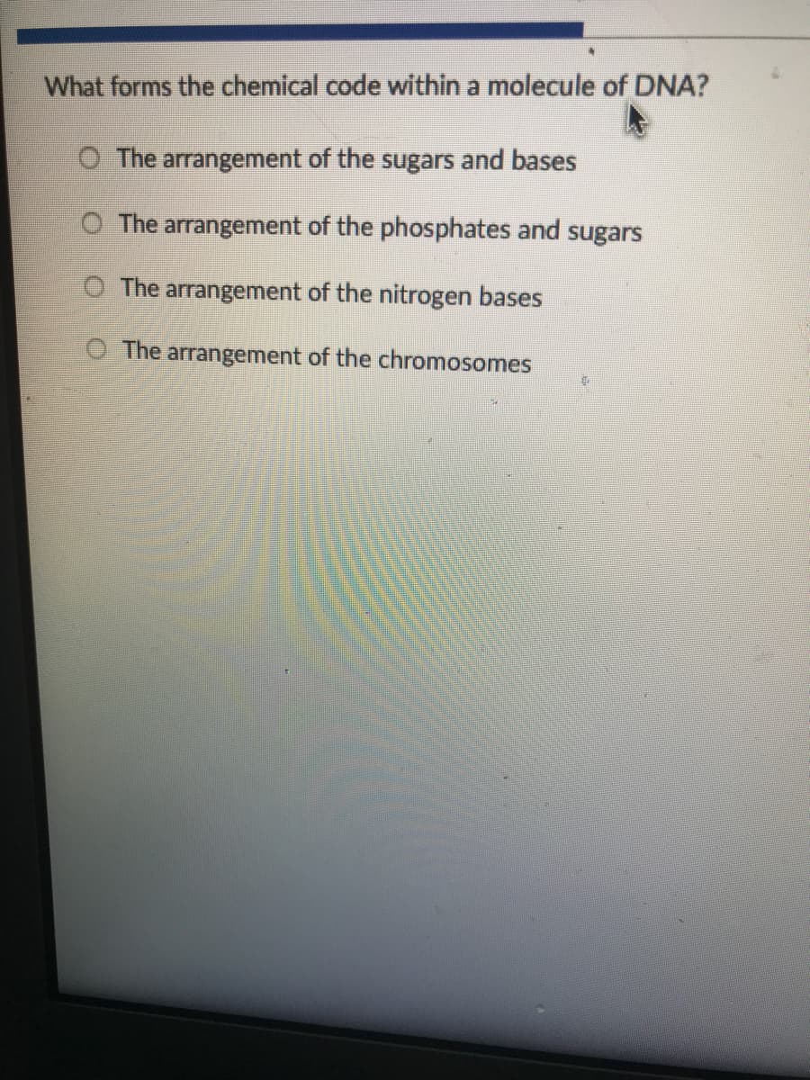 What forms the chemical code within a molecule of DNA?
O The arrangement of the sugars and bases
O The arrangement of the phosphates and sugars
O The arrangement of the nitrogen bases
O The arrangement of the chromosomes
