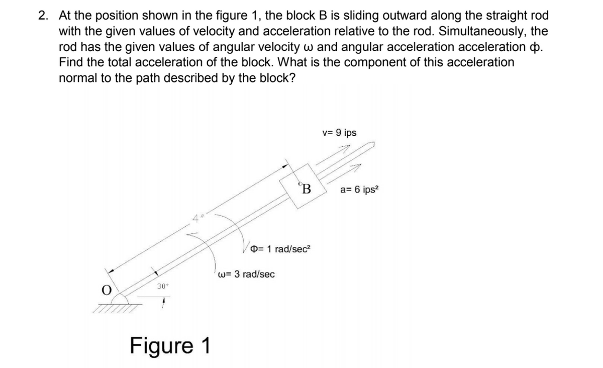 2. At the position shown in the figure 1, the block B is sliding outward along the straight rod
with the given values of velocity and acceleration relative to the rod. Simultaneously, the
rod has the given values of angular velocity w and angular acceleration acceleration p.
Find the total acceleration of the block. What is the component of this acceleration
normal to the path described by the block?
v= 9 ips
B
a= 6 ips?
0= 1 rad/sec2
w= 3 rad/sec
30
Figure 1
