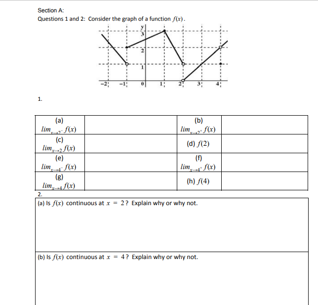 Section A:
Questions 1 and 2: Consider the graph of a function f(x).
1.
(a)
(b)
lim f(x)
lim
(c)
lim, 2 f(x)
(d) f(2)
(e)
lim f(x)
(g)
lim
(f)
lim f(x)
+4
(h) f(4)
2.
(a) Is f(x) continuous at x = 2? Explain why or why not.
|(b) Is f(x) continuous at x = 4? Explain why or why not.
