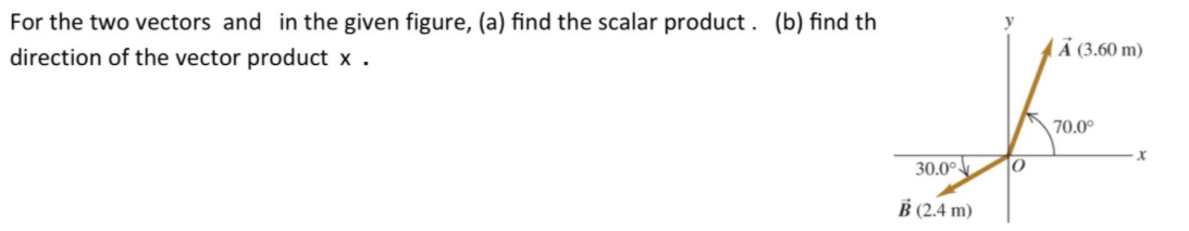 For the two vectors and in the given figure, (a) find the scalar product . (b) find th
direction of the vector product x .
Ả (3.60 m)
70.0°
30.0°
B (2.4 m)
