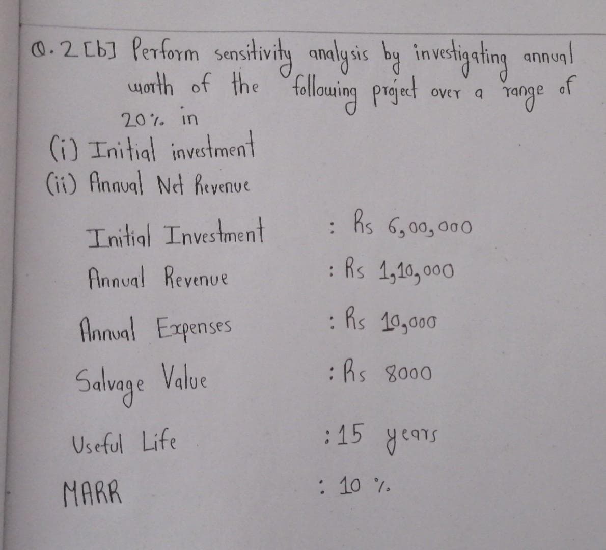 0.2 [b] Perform sensitivity analysis by investigating annual
worth of the "flluin projet
of
Tange
over a
20%. in
(i) Initial investment
(ii) Annual Nd Revenue
Initial Investment
Ks 6,00, 000
Annual Revenue
: Rs 1,10, 000
Annval Expenses
: Rs 10,000
:hs 8000
Salvoge Value
:15 years
Useful Life
MARR
: 10 %
