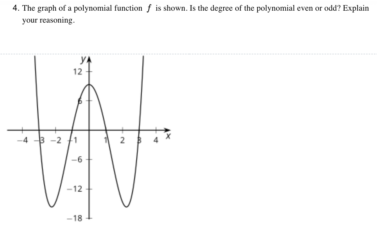 4. The graph of a polynomial function f is shown. Is the degree of the polynomial even or odd? Explain
your reasoning.
YA
12
-4 -3 -2 71
2
4
-6
-12
-18

