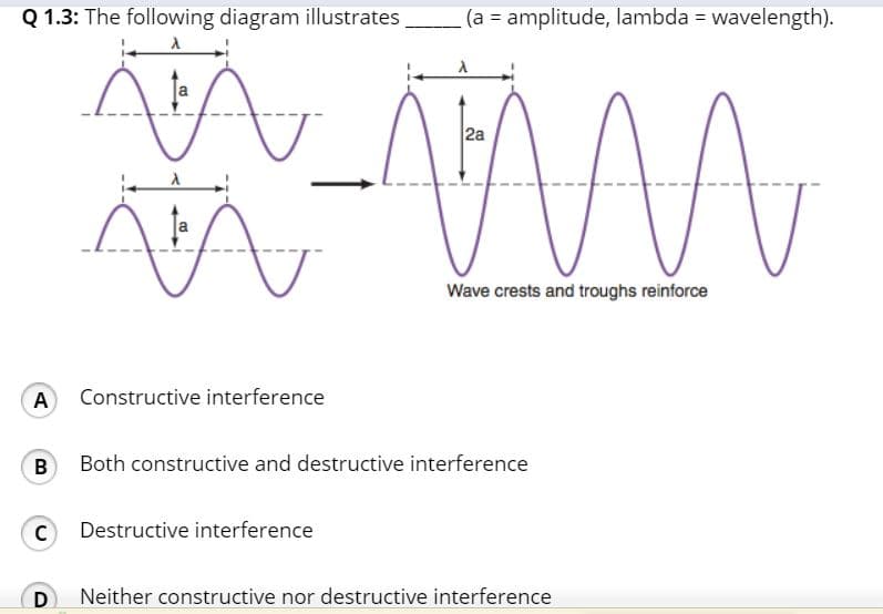 Q 1.3: The following diagram illustrates
(a = amplitude, lambda = wavelength).
!!
a
2a
a
Wave crests and troughs reinforce
A Constructive interference
B
Both constructive and destructive interference
Destructive interference
Neither constructive nor destructive interference
