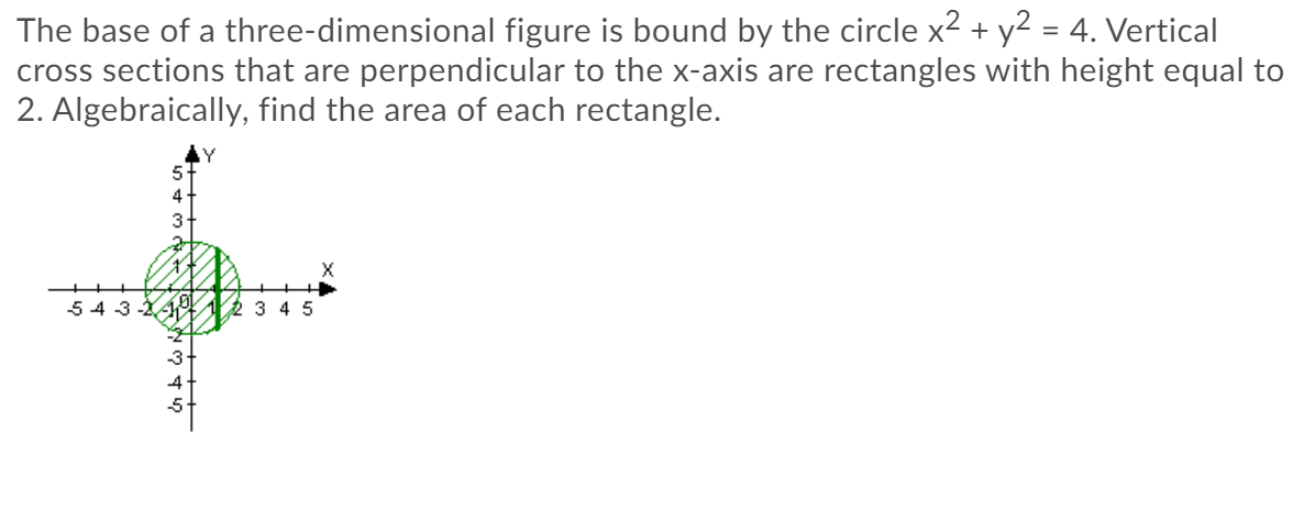 The base of a three-dimensional figure is bound by the circle x2 + y2 = 4. Vertical
cross sections that are perpendicular to the x-axis are rectangles with height equal to
2. Algebraically, find the area of each rectangle.
Y
4
3-
54 3 -14
2 3 45
3
