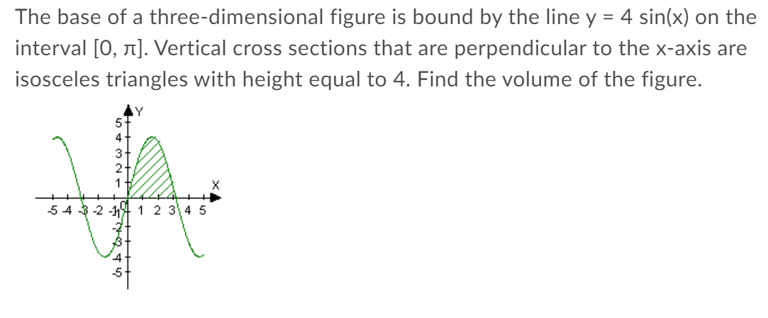 The base of a three-dimensional figure is bound by the line y = 4 sin(x) on the
%3D
interval [0, 1]. Vertical cross sections that are perpendicular to the x-axis are
isosceles triangles with height equal to 4. Find the volume of the figure.
.Y
5
4-
3
1
54 3-2 -14 1 2 34 5
