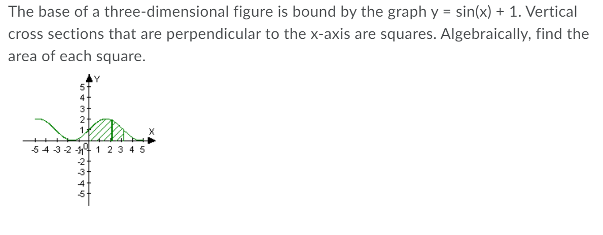 The base of a three-dimensional figure is bound by the graph y = sin(x) + 1. Vertical
cross sections that are perpendicular to the x-axis are squares. Algebraically, find the
area of each square.
5.
4
3
2
1.
54 3-2 -14 1 2 3 4 5
-2
-3-
4
