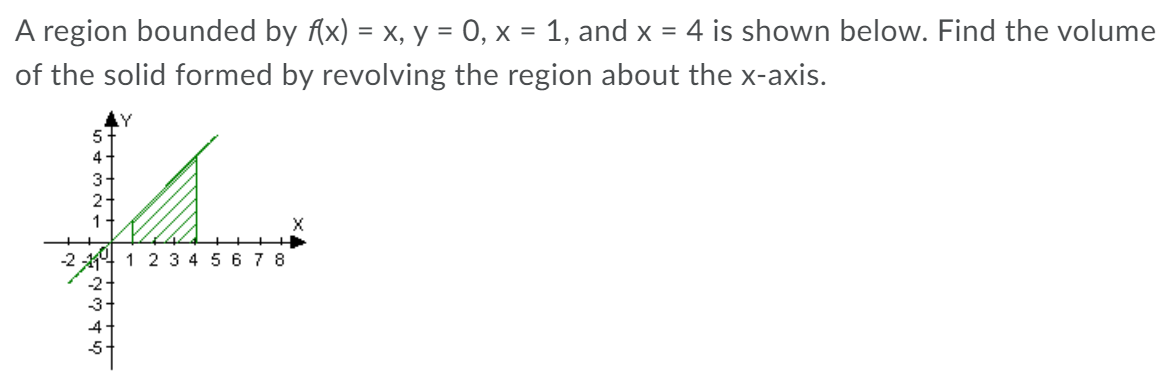 A region bounded by {x) = x, y = 0, x = 1, and x = 4 is shown below. Find the volume
of the solid formed by revolving the region about the x-axis.
5
4
3
2-
-2
1 2 3 4 5 6 7 8
-2-
-3-
4-
-5-
