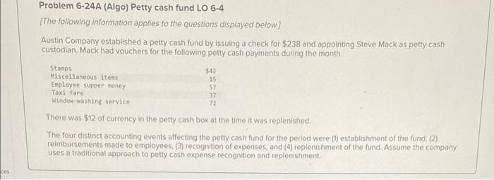 kes
Problem 6-24A (Algo) Petty cash fund LO 6-4
[The following information applies to the questions displayed below]
Austin Company established a petty cash fund by issuing a check for $238 and appointing Steve Mack as petty cash
custodian, Mack had vouchers for the following petty cash payments during the month.
Stamps
Miscellaneous itens
Employee supper money
Taxi fare.
Window-washing service
$42
15
57
37
72
There was $12 of currency in the petty cash box at the time it was replenished.
The four distinct accounting events affecting the petty cash fund for the period were (1) establishment of the fund. (2)
reimbursements made to employees, (3) recognition of expenses, and (4) replenishment of the fund. Assume the company
uses a traditional approach to petty cash expense recognition and replenishment.