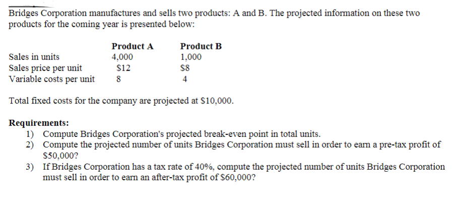 Bridges Corporation manufactures and sells two products: A and B. The projected information on these two
products for the coming year is presented below:
Product A
4,000
$12
8
Product B
1,000
$8
4
Sales in units
Sales price per unit
Variable costs per unit
Total fixed costs for the company are projected at $10,000.
Requirements:
1) Compute Bridges Corporation's projected break-even point in total units.
2)
Compute the projected number of units Bridges Corporation must sell in order to earn a pre-tax profit of
$50,000?
3)
If Bridges Corporation has a tax rate of 40%, compute the projected number of units Bridges Corporation
must sell in order to earn an after-tax profit of $60,000?