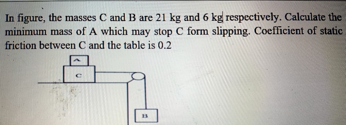 In figure, the masses C andB are 21 kg and 6 kg respectively. Calculate the
minimum mass of A which may stop C form slipping. Coefficient of static
friction between C and the table is 0.2
