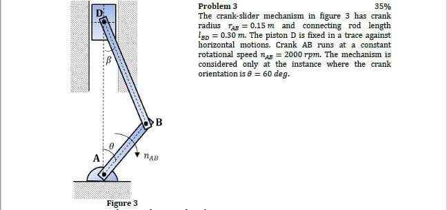 Problem 3
35%
D
The crank-slider mechanism in figure 3 has crank
radius rag = 0.15 m and connecting rod length
Lgp = 0.30 m. The piston D is fixed in a trace against
horizontal motions. Crank AB runs at a constant
rotational speed nAB = 2000 rpm. The mechanism is
considered only at the instance where the crank
orientation is 6 = 60 deg.
B
A
NAB
Figure 3
