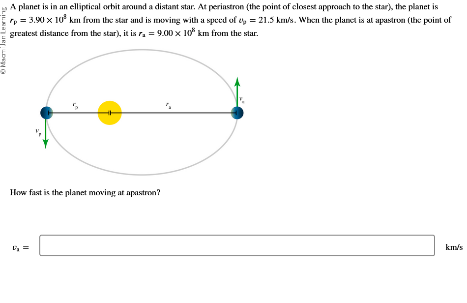 Macmillan Learning
A planet is in an elliptical orbit around a distant star. At periastron (the point of closest approach to the star), the planet is
rp = 3.90 × 108 km from the star and is moving with a speed of Up = 21.5 km/s. When the planet is at apastron (the point of
greatest distance from the star), it is ra = 9.00 × 108 km from the star.
"P
Va =
HH
How fast is the planet moving at apastron?
V
km/s