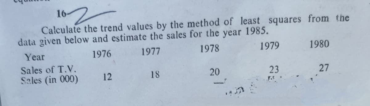 102
Calculate the trend values by the method of least squares from the
16-
data given below and estimate the sales for the year 1985.
Year
1976
1977
1978
1979
1980
Sales of T.V.
Sales (in 000)
12
18
20
23
27
