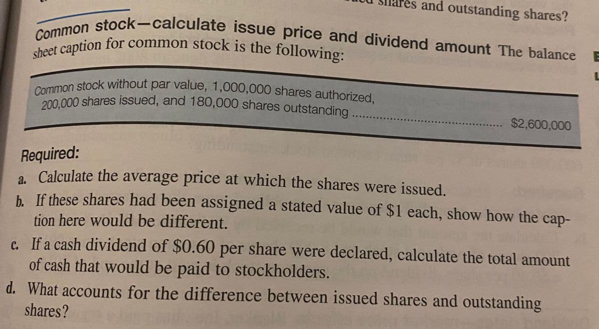tes and outstanding shares?
Common stock-calculate issue price and dividend amount The balance
sheet caption for common stock is the following:
Common stock without par value, 1,000,000 shares authorized,
200,000 shares issued, and 180,000 shares outstanding..
$2,600,000
Required:
. Calculate the average price at which the shares were issued.
h. If these shares had been assigned a stated value of $1 each, show how the cap-
tion here would be different.
G. If a cash dividend of $0.60 per share were declared, calculate the total amount
of cash that would be paid to stockholders.
d. What accounts for the difference between issued shares and outstanding
shares?
