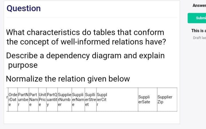 Answer
Question
Submi
What characteristics do tables that conform
This is a
Draft las
the concept of well-informed relations have?
Describe a dependency diagram and explain
purpose
Normalize the relation given below
Orde PartN Part Unit PartQ Supplie Suppli Supli Suppl
rDat umbe Nam Pric uantit rNumb erNamerStrelierCit
e r
Suppli
Supplier
erSate
Zip
e e y
er
et r
