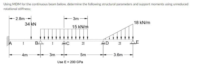 Using MDM for the continuous beam below, determine the following structural parameters and support moments using unreduced
rotational stiffness;
2.8m-
- 3m
34 kN
18 kN/m
15 kN/m
AD
21 AE
I
21
4m
3m
5m
3.6m
Use E = 200 GPa
