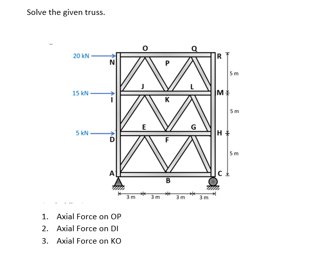 Solve the given truss.
20 kN -
N
5m
15 kN
M
K
5m
E
G
5 kN
F
5 m
A
B
3m
3m
3 m
3 m
1. Axial Force on OP
2. Axial Force on DI
3. Axial Force on KO
