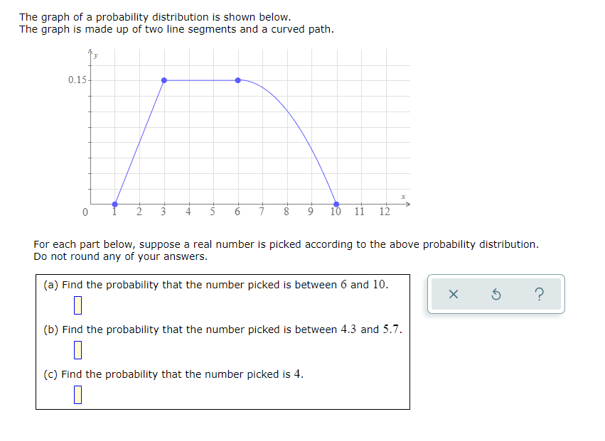 The graph of a probability distribution is shown below.
The graph is made up of two line segments and a curved path.
0.15-
3
10
11
12
For each part below, suppose a real number is picked according to the above probability distribution.
Do not round any of your answers.
(a) Find the probability that the number picked is between 6 and 10.
?
(b) Find the probability that the number picked is between 4.3 and 5.7.
(c) Find the probability that the number picked is 4.
