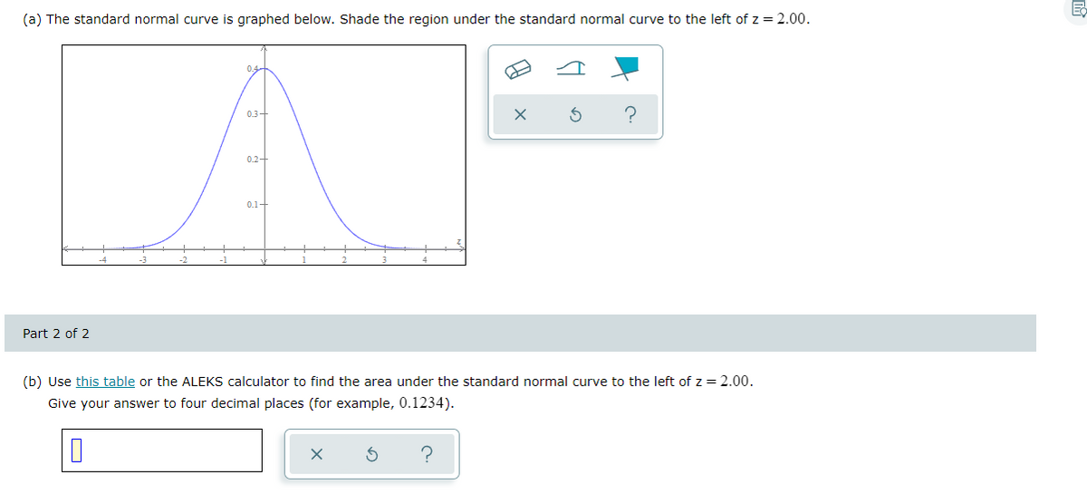 (a) The standard normal curve is graphed below. Shade the region under the standard normal curve to the left of z = 2.00.
0.4
0.3+
0.2-
0.1-
Part 2 of 2
(b) Use this table or the ALEKS calculator to find the area under the standard normal curve to the left of z = 2.00.
Give your answer to four decimal places (for example, 0.1234).
