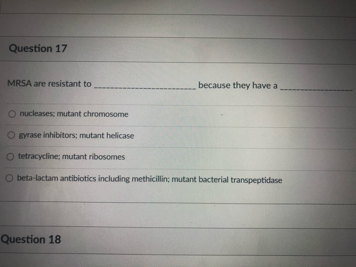 Question 17
MRSA are resistant to
because they have a
nucleases; mutant chromosome
O gyrase inhibitors; mutant helicase
tetracycline; mutant ribosomes
O beta-lactam antibiotics including methicillin; mutant bacterial transpeptidase
Question 18
