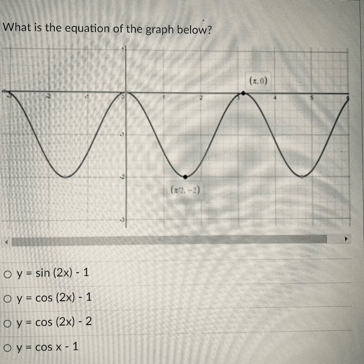 What is the equation of the graph below?
(z.0)
(12.-2)
O y = sin (2x) - 1
O y = cos (2x) - 1
O y = cos (2x) - 2
O y = cos X - 1
