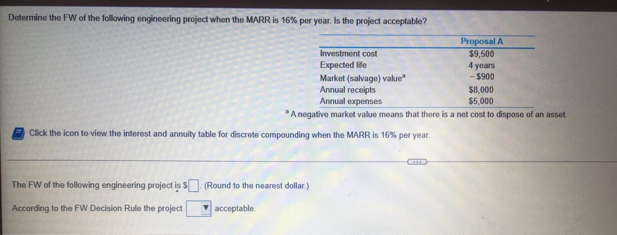 Determine the FW of the following engineering project when the MARR is 16% per year. Is the project acceptable?
Proposal A
Investment cost
$9,500
Expected life
4 years
- $900
Market (salvage) value
Annual receipts
Annual expenses
$8,000
$5,000
*A negative market value means that there is a net cost to dispose of an asset.
Click the icon to-view the interest and annuity table for discrete compounding when the MARR is 16% per year.
The FW of the following engineering project is $ (Round to the nearest dollar.)
According to the FW Decision Rule the project
V acceptable.
