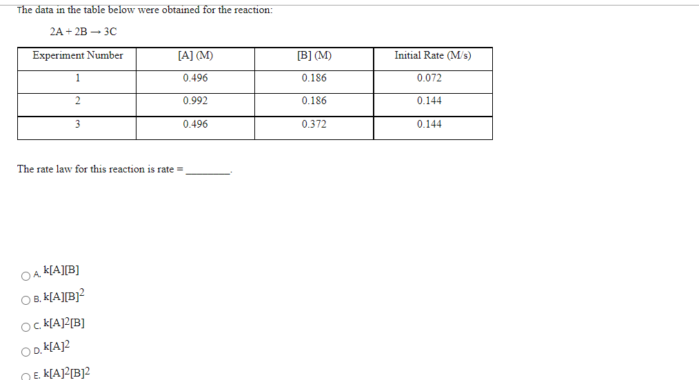 The data in the table below were obtained for the reaction:
2A + 2B — ЗС
Experiment Number
[A] (M)
[B] (M)
Initial Rate (M/s)
1
0.496
0.186
0.072
2
0.992
0.186
0 144
3
0.496
0.372
0 144
The rate law for this reaction is rate =
O A. K[A][B]
O B. k[A][B]?
Oc K[A]2[B]
O D. k[A]2
NE. k[A]?[B]2
