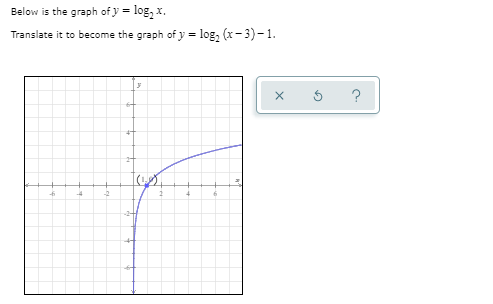 Below is the graph of y = log, x.
Translate it to become the graph of y = log, (x-3)-1.
