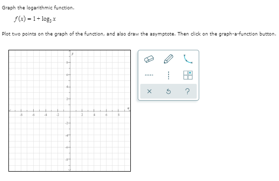 Graph the logarithmic function.
f(x) = 1+ log; x
Plot two points on the graph of the function, and also draw the asymptote. Then click on the graph-a-function button.
