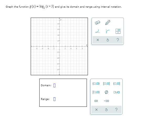 Graph the function g (x) = log, (x+ 3) and give its domain and range using interval notation.
4-
(0.0) [0.미
(0,0)
Domain: |
(0,0)
DUO
Range:
00
-00
