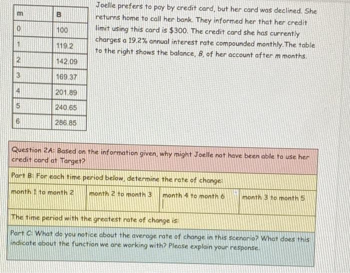 Joelle prefers to pay by credit card, but her card was declined. She
B
returns home to call her bank. They informed her that her credit
limit using this card is $300. The credit card she has currently
charges a 19.2% annual interest rate compounded monthly. The table
to the right shows the balance, 8, of her account after m months.
100
119.2
142.09
169.37
4
201.89
15
240.65
286.85
Question 2A: Based on the information given, why might Joelle not have been able to use her
credit card at Target?
Part B: For each time period below, determine the rate of change:
month 1 to month 2
month 2 to month 3
month 4 to month 6
month 3 to month 5
The time period with the greatest rate of change is:
Part C: What do you notice about the average rate of change in this scenario? What does this
indicate about the function we are working with? Please explain your response.
