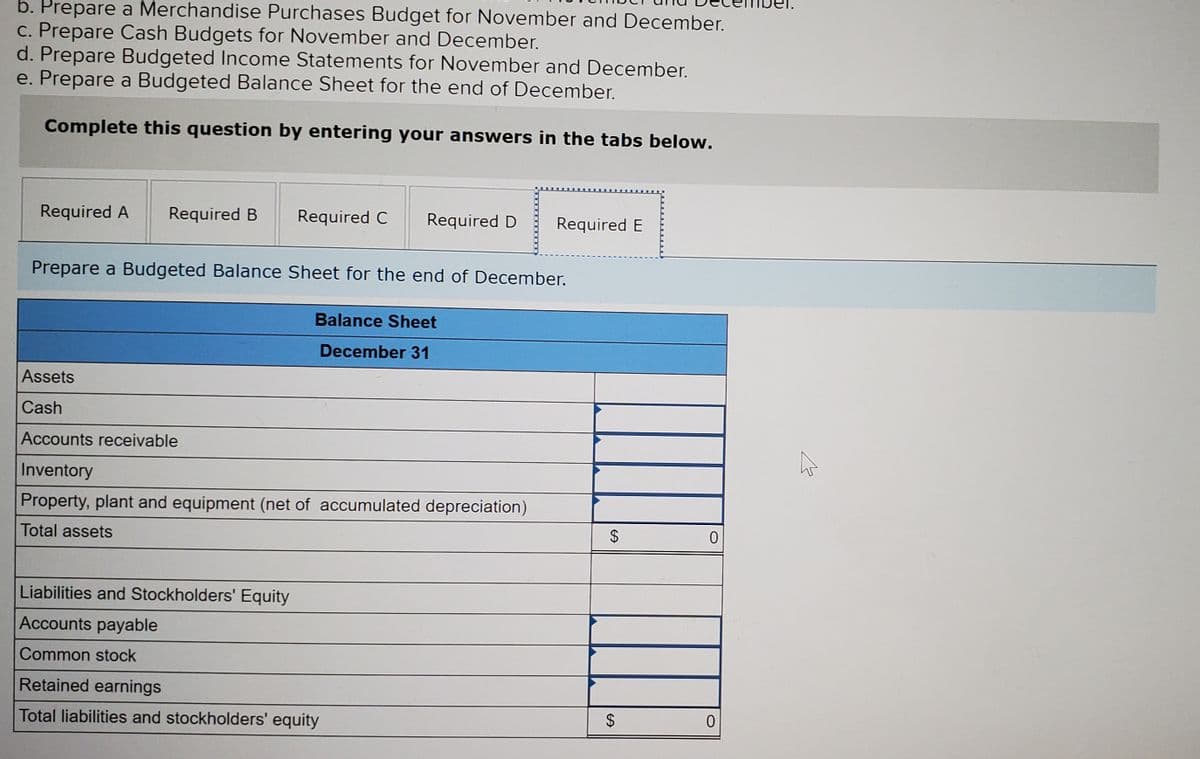 b. Prepare a Merchandise Purchases Budget for November and December.
c. Prepare Cash Budgets for November and December.
d. Prepare Budgeted Income Statements for November and December.
e. Prepare a Budgeted Balance Sheet for the end of December.
Complete this question by entering your answers in the tabs below.
Required A
Required B
Required C
Required D
Required E
Prepare a Budgeted Balance Sheet for the end of December.
Balance Sheet
December 31
Assets
Cash
Accounts receivable
Inventory
Property, plant and equipment (net of accumulated depreciation)
Total assets
2$
Liabilities and Stockholders' Equity
Accounts payable
Common stock
Retained earnings
Total liabilities and stockholders' equity
%24
