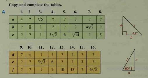 Copy and complete the tables.
A
1.
2.
3.
4.
5.
6.
7.
8.
V3
?
?
?
a
a
4V2
3V2
6.
V14
5
45°
9.
10.
11.
12.
13.
14.
15.
16.
e
?
?
?
?
?
10
13
6V3
60°
3.
6.
4.
