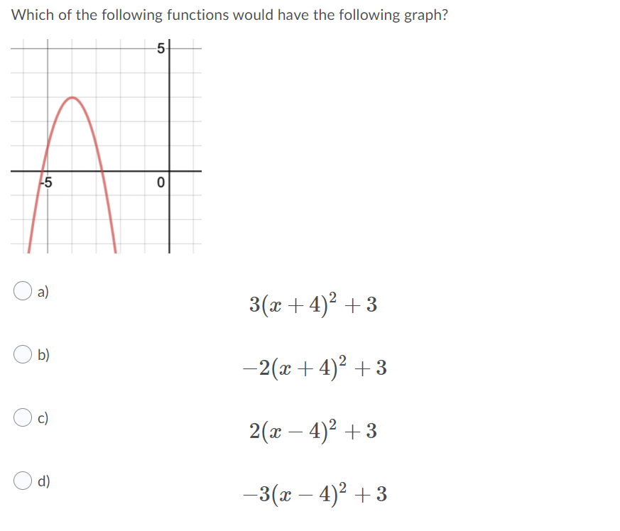 Which of the following functions would have the following graph?
5
a)
3(x + 4)2 + 3
b)
-2(x + 4)? + 3
c)
2(x – 4)2 + 3
d)
-3(x – 4)2 + 3
