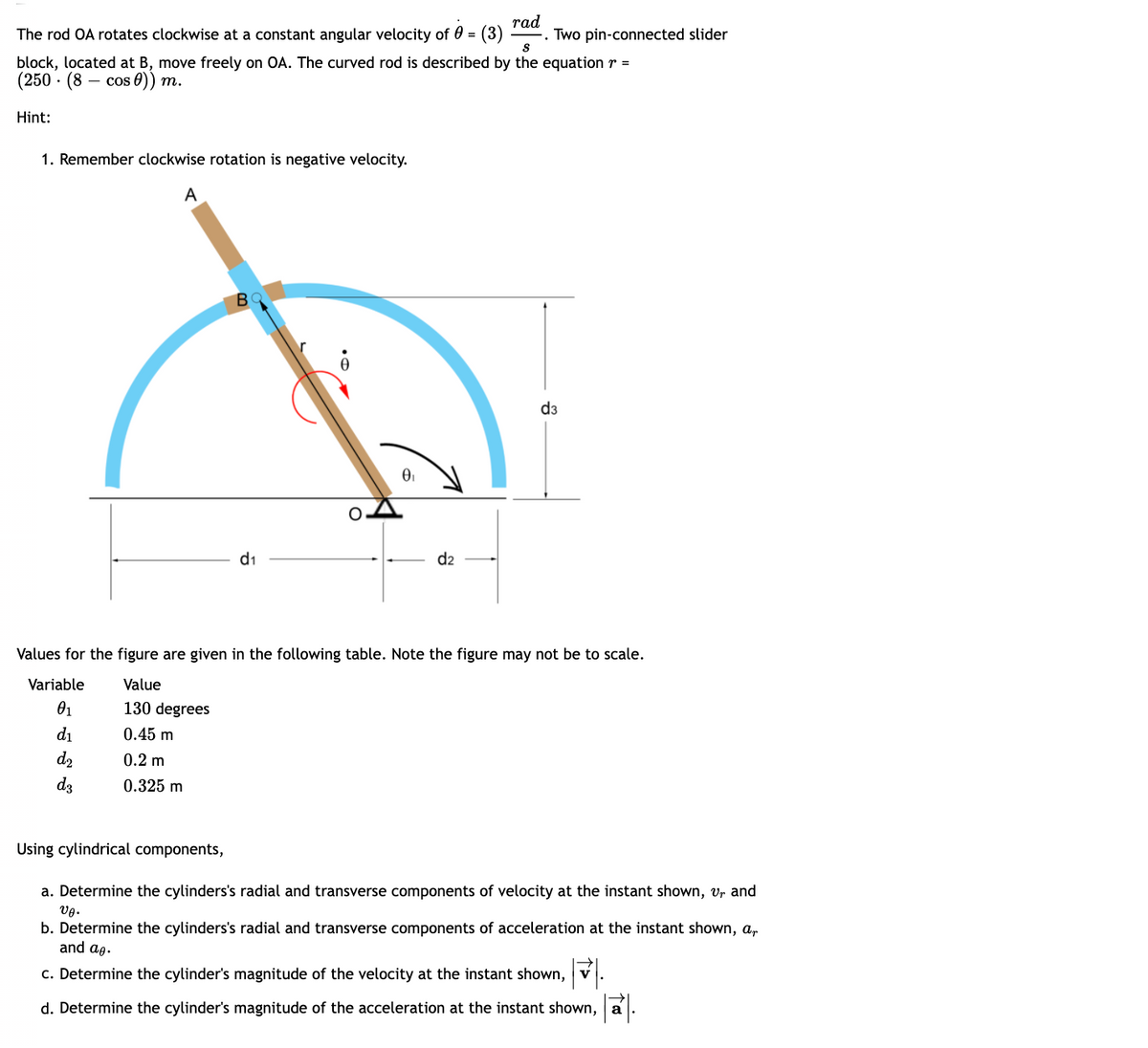 The rod OA rotates clockwise at a constant angular velocity of 0 = (3)
rad
-. Two pin-connected slider
block, located at B, move freely on OA. The curved rod is described by the equationr =
(250 · (8
- cos 0)) m.
Hint:
1. Remember clockwise rotation is negative velocity.
A
d3
d1
d2
Values for the figure are given in the following table. Note the figure may not be to scale.
Variable
Value
01
130 degrees
di
0.45 m
d2
dz
0.2 m
0.325 m
Using cylindrical components,
a. Determine the cylinders's radial and transverse components of velocity at the instant shown, vr and
b. Determine the cylinders's radial and transverse components of acceleration at the instant shown, a,
and ag.
c. Determine the cylinder's magnitude of the velocity at the instant shown, v
d. Determine the cylinder's magnitude of the acceleration at the instant shown, a
