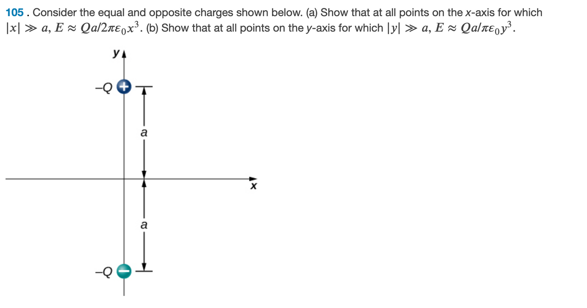 105. Consider the equal and opposite charges shown below. (a) Show that at all points on the x-axis for which
|x| > a, E z Qa/2rE,x³. (b) Show that at all points on the y-axis for which |y| > a, E × Qalrɛ,y³.
YA
-Q +
a
a
