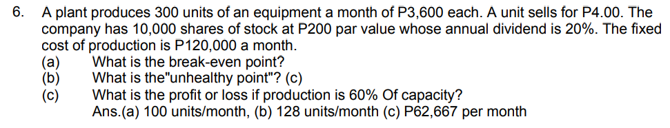 À plant produces 300 units of an equipment a month of P3,600 each. A unit sells for P4.00. The
company has 10,000 shares of stock at P200 par value whose annual dividend is 20%. The fixed
cost of production is P120,000 a month.
(a)
(b)
6.
What is the break-even point?
What is the"unhealthy point"? (c)
(c)
What is the profit or loss if production is 60% Of capacity?
Ans.(a) 100 units/month, (b) 128 units/month (c) P62,667 per month
