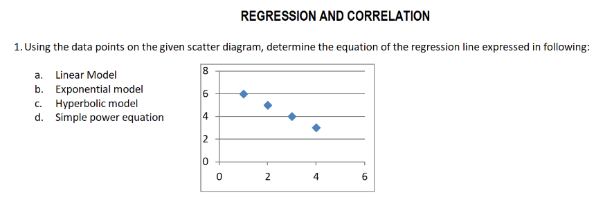 REGRESSION AND CORRELATION
1. Using the data points on the given scatter diagram, determine the equation of the regression line expressed in following:
8
a. Linear Model
b. Exponential model
c. Hyperbolic model
d. Simple power equation
4
2
4
6
LO
