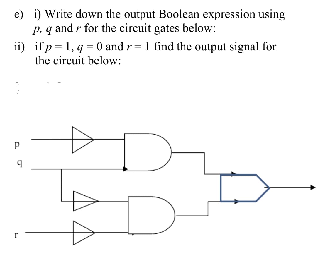 e) i) Write down the output Boolean expression using
p, q and r for the circuit gates below:
ii) if p= 1, q = 0 and r= 1 find the output signal for
the circuit below:
r
