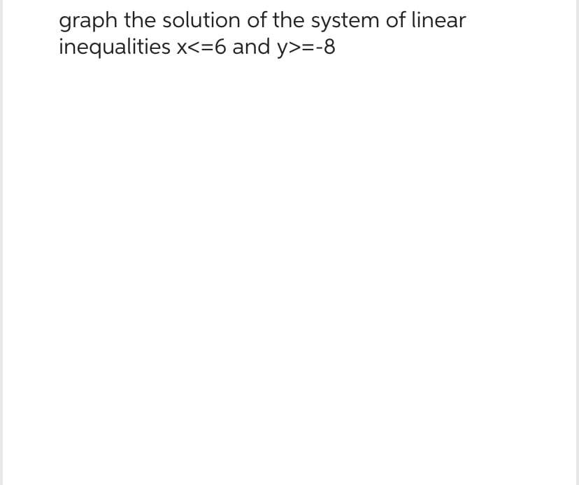 graph the solution of the system of linear
inequalities x<=6 and y>=-8