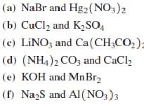 (a) NaBr and Hg2(NO3)2
(b) CuCl, and K2SO4
(c) LINO; and Ca(CH;CO2);
(d) (NH4)2 CO3 and CaCl,
(e) KOH and MnBr2
(f) Nazs and AI (NO3)3
