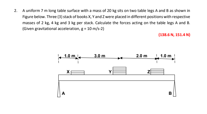 2. A uniform 7 m long table surface with a mass of 20 kg sits on two table legs A and B as shown in
Figure below. Three (3) stack of books X, Y and Z were placed in different positions with respective
masses of 2 kg, 4 kg and 3 kg per stack. Calculate the forces acting on the table legs A and B.
(Given gravitational acceleration, g = 10 m/s-2)
(138.6 N, 151.4 N)
1.0 m
3.0 m
2.0 m
1.0 m
X
Y
A
