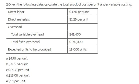 2.Given the following data, calculate the total product cost per unit under variable costing.
Direct labor
$3.50 per unit
Direct materials
$1.25 per unit
Overhead
Total variable overhead
$41,400
Total fixed overhead
$150,000
Expected units to be produced
18,000 units
a.$4.75 per unit
b.$7.05 per unit
c.$15.38 per unit
d.$13.08 per unit
e.$16 per unit