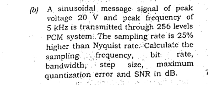 (b) A sinusoidal message signal of peak
voltage 20 V and peak frequency of
5 kHz is transmitted through 256 levels
PCM system:. The sampling rate is 25%
higher than Nyquist rate: Calculate the
frequency,
size,
sampling
bandwidth;
bit
rate,
maximum
step
quantization error and SNR in dB.
