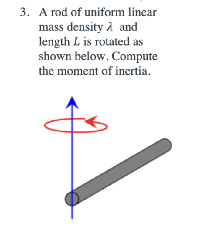 3. A rod of uniform linear
mass density and
length L is rotated as
shown below. Compute
the moment of inertia.