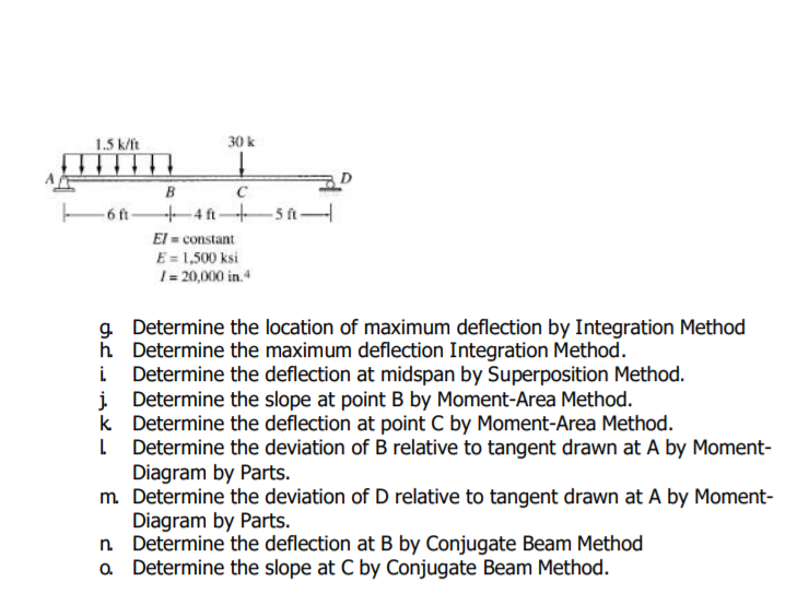 1.5 k/ft
30 k
B
- 6 ft 4 ft 5A
El = constant
E = 1,500 ksi
I= 20,000 in.
g Determine the location of maximum deflection by Integration Method
h Determine the maximum deflection Integration Method.
Determine the deflection at midspan by Superposition Method.
į Determine the slope at point B by Moment-Area Method.
k Determine the deflection at point C by Moment-Area Method.
L Determine the deviation of B relative to tangent drawn at A by Moment-
Diagram by Parts.
m. Determine the deviation of D relative to tangent drawn at A by Moment-
Diagram by Parts.
n Determine the deflection at B by Conjugate Beam Method
o. Determine the slope at C by Conjugate Beam Method.
